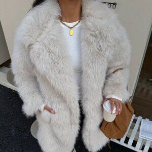 Beige Casual Women's Oversized Faux Fur Coat